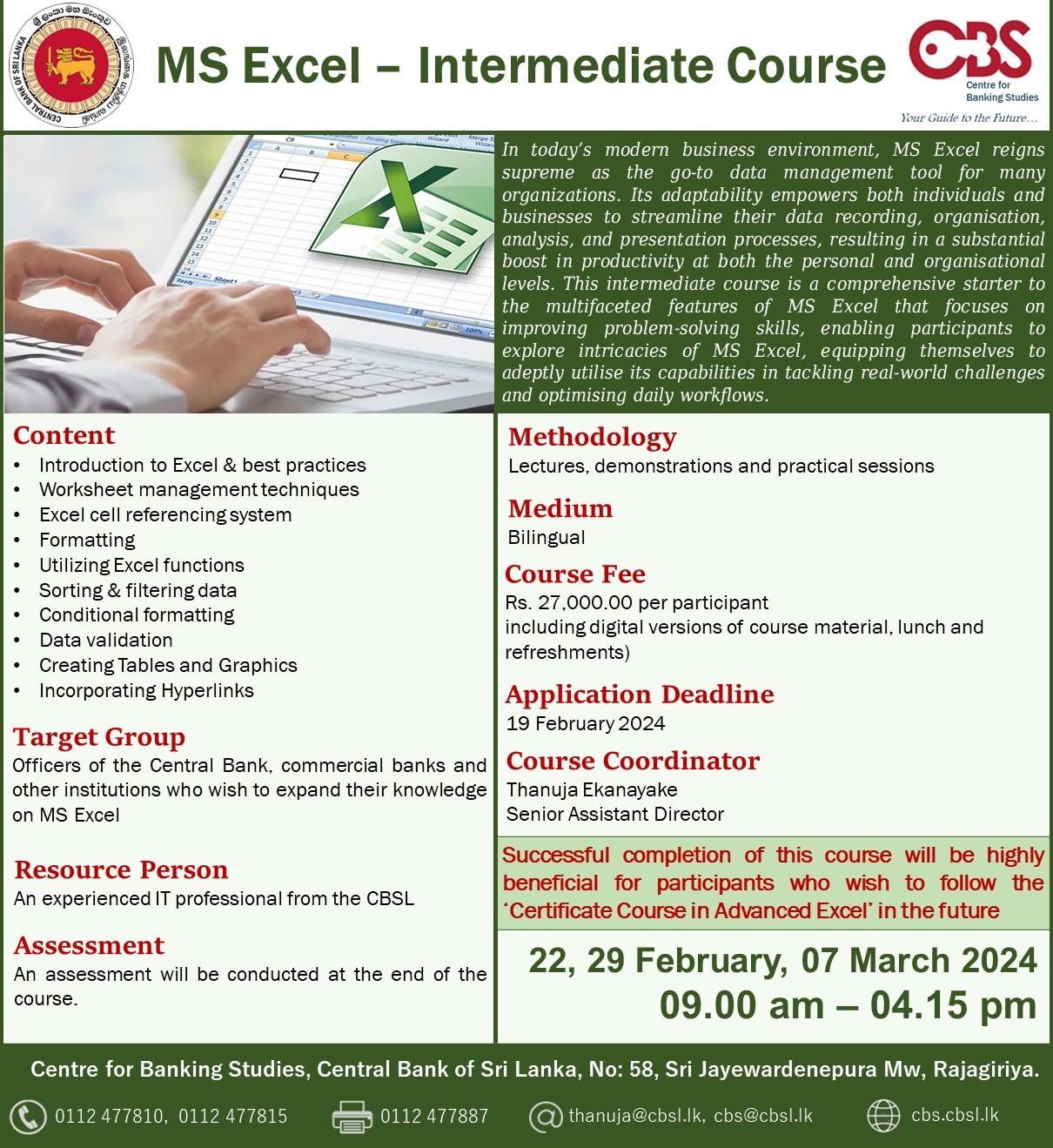 MS Excel - Intermediate Course - 22, 29 February, 07 March 2024