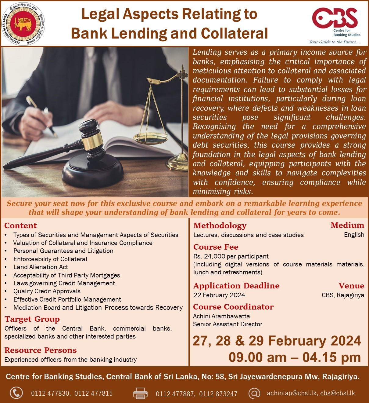 Programme on Legal Aspects Relating to Bank Lending and Collateral - 27, 28 & 29 February 2024