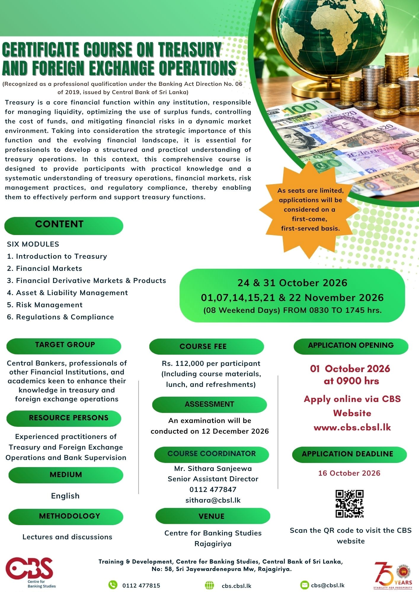Certificate Course on Treasury and Foreign Exchange Operations - 24 & 31 October 2026 01,07,14,15,21 & 22 November 2026